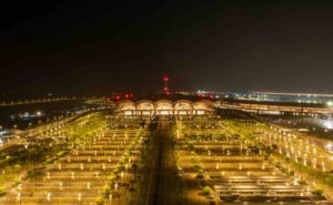 A drone shot of Techo International Airport at night.