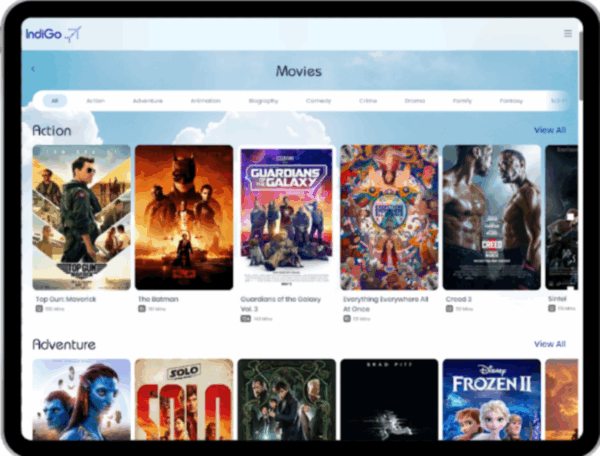 IndiGo–Bluebox landing page showing various titles that passengers can watch in flight.