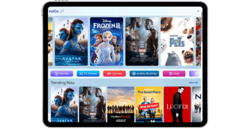 IndiGo–Bluebox landing page showing various titles that passengers can watch in flight.