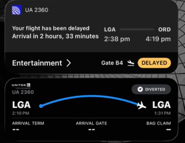 Screenshot of delayed flight info on the United app
