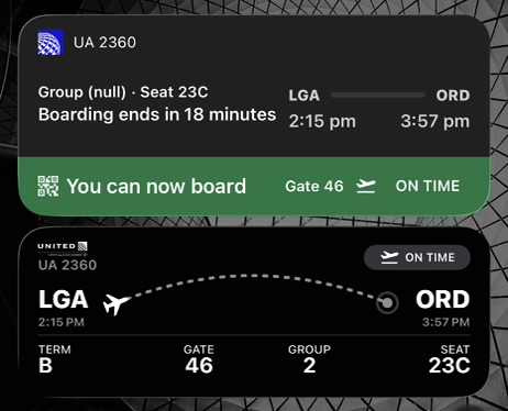 A screen shot of the boarding pass for the United Airlines passenger.
