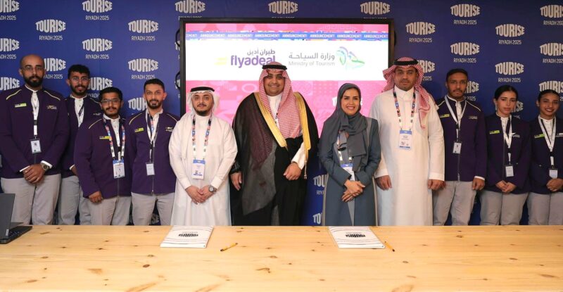 Flanked by flyadeal cabin crew at the official launch of the airline’s tour guide initiative at the TOURISE Summit in Riyadh are, from fifth left: Mohammed Mudhish, flyadeal Chief People Officer; Abdulmohsen Almazid, Undersecretary of the Ministry of Tourism Saudi Arabia for Licenses and Classification; Nada Al-Tamimi, Assistant Deputy Minister of National Affairs at the Ministry; and Abdulaziz Alsaeedi, the Ministry’s General Manager of Tourism Licensing.