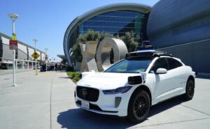 A Waymo vehicle in front of San José Mineta International Airport