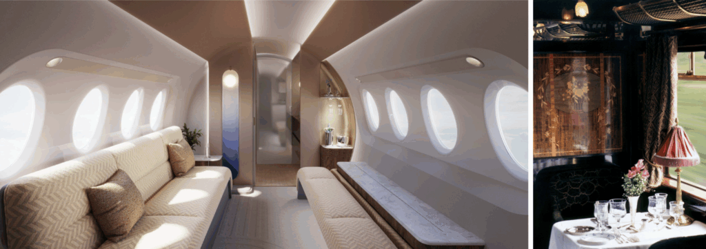 Two images side by side. The first image is of a business jet cabin interior. with whites, creams and beige colors. The second image is a vintage style dining set up in a rail car. 