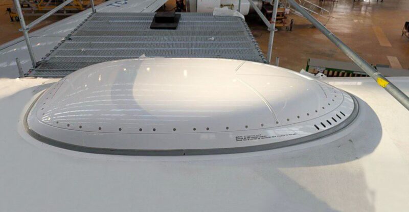 A close up of the ThinKom Solutions’ Ka2517 VICTS on the AJet Boeing 737 MAX.