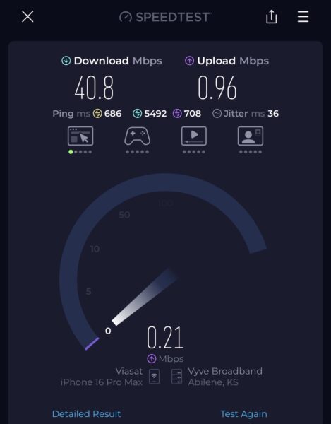 A screenshot of Wi-Fi speeds. 40 Mbps down, and uploads remain capped at about 1 Mbps.
