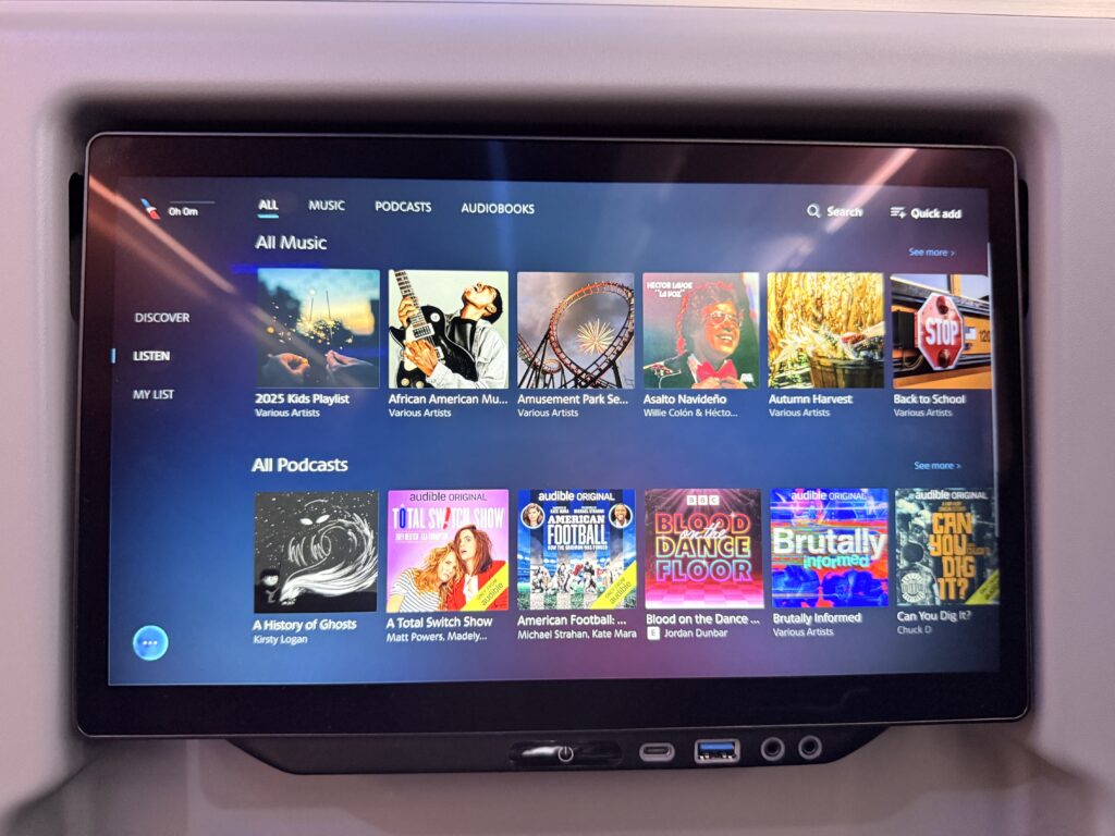 Various audio content available on the IFE for passengers to listen to.