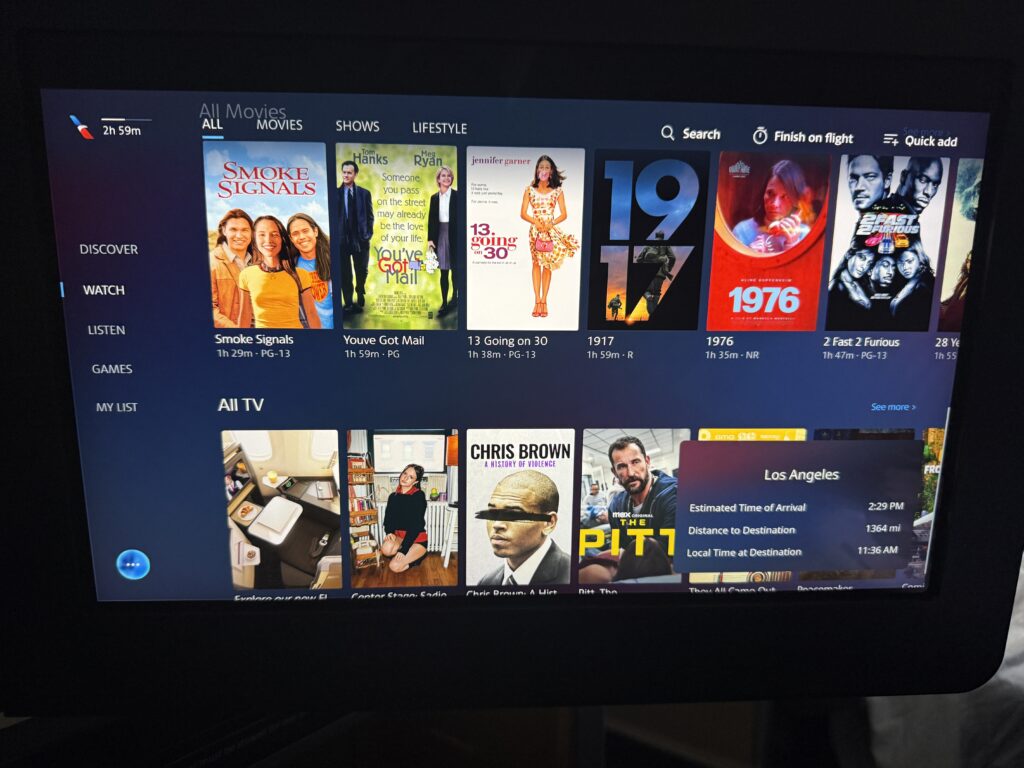 A variety on content options in flight. 