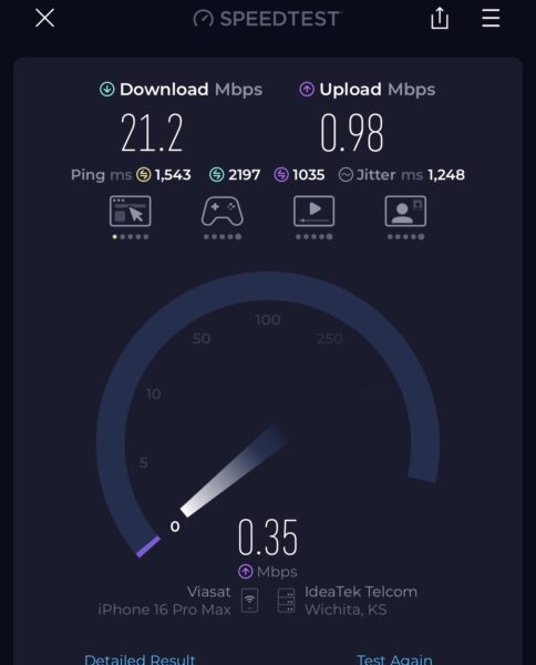 A screenshot showing 21 Mbps down and 1 Mbps up on a speed test.
