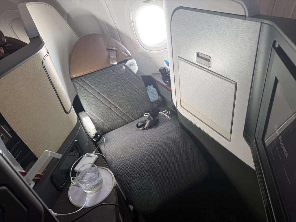 American Airlines Airbus A321XLR Flagship Suite sits empty and ready for a passenger.
