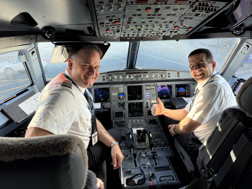Pilots in the cockpit of the American A321xlr
