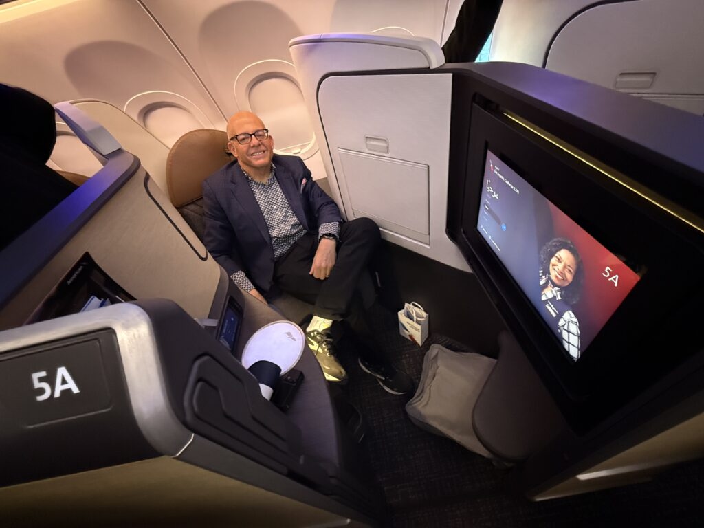 Author Chris Sloan is sitting in the American Airlines Airbus A321XLR Flagship Suite.