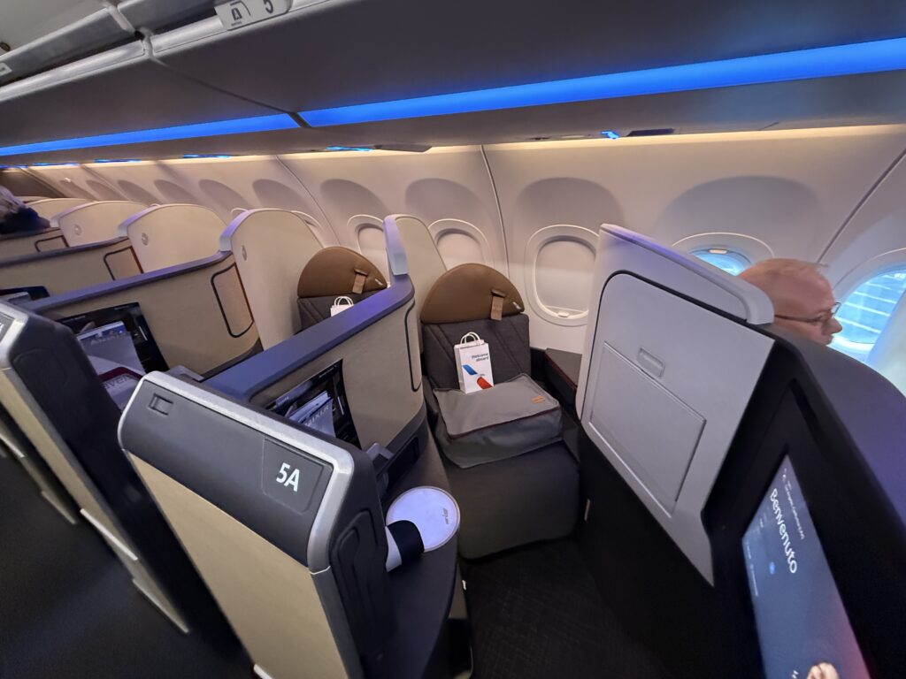 American Airlines Airbus A321XLR Flagship Suite sits empty and ready for a passenger.