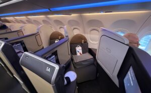 American Airlines Airbus A321XLR Flagship Suite sits empty and ready for a passenger.