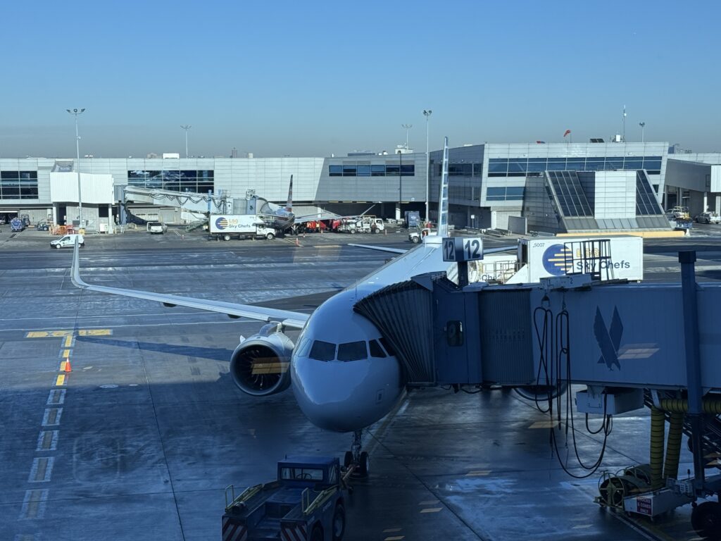American A321XLR at the gate, parked and ready to board