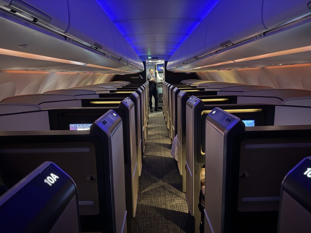 Mood lighting on American Airlines Flagship Suite business class