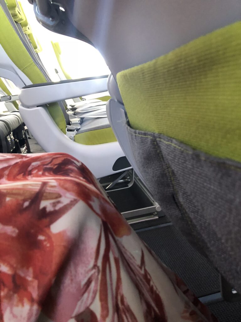 The author's knees are seen a few inches from the seatback in front of her.