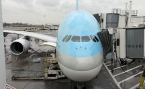 Korean Air A380 ready to board at the gate.