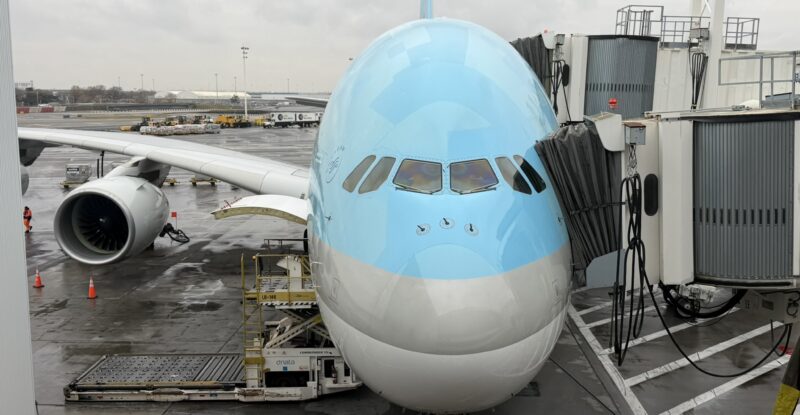 Korean Air A380 ready to board at the gate.