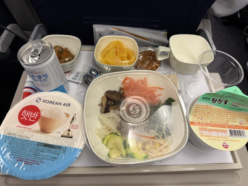 Bibimbap is served to a passenger during the Korean Air flight.