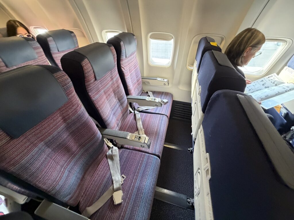 A section of three economy class seats on a Korean Air flight.