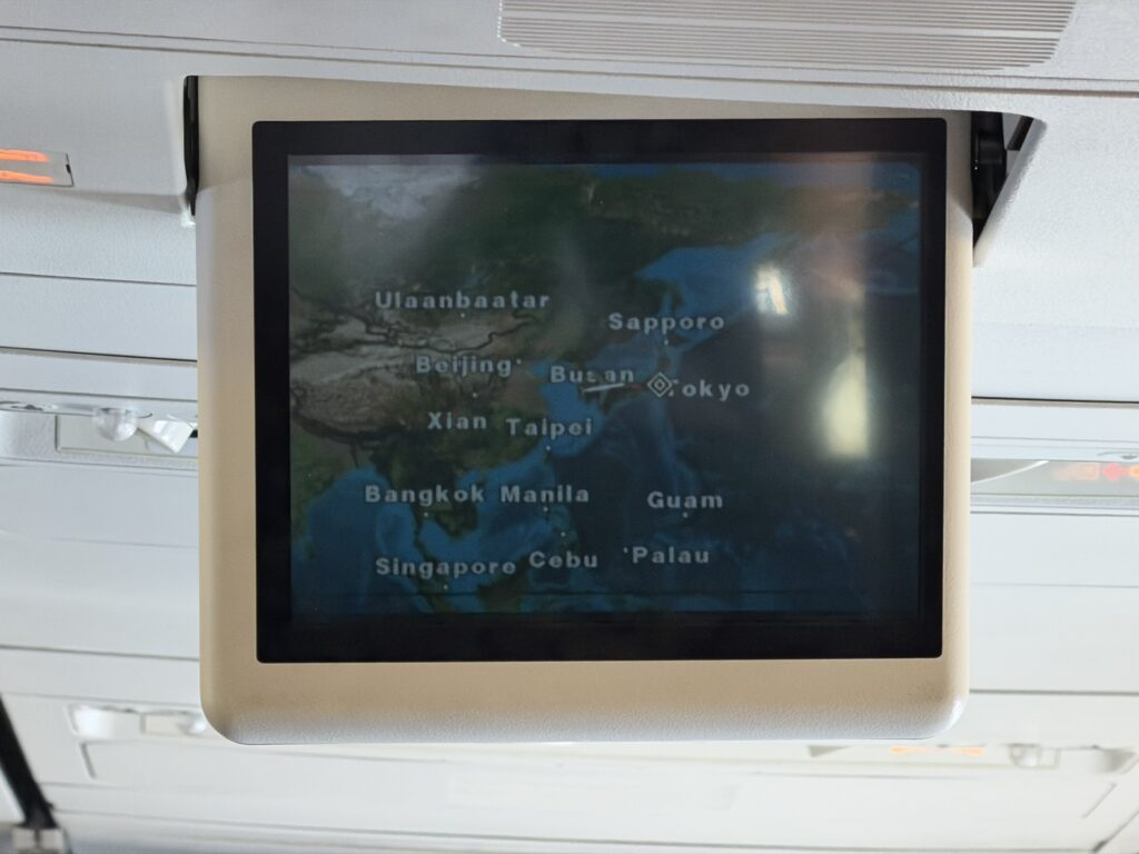 Overhead video monitor showing a moving map of the flight.
