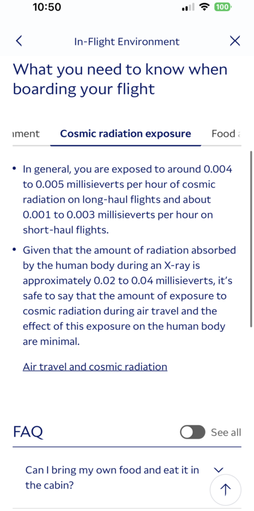 A screenshot of the Korean Air app that is showing odd information like cosmic radiation exposure levels.