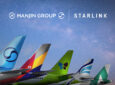 A banner announcing that Korean Air and Hanjin Group airlines will introduce Starlink powered Wi-Fi