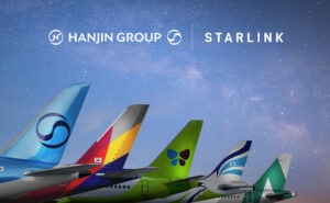 A banner announcing that Korean Air and Hanjin Group airlines will introduce Starlink powered Wi-Fi