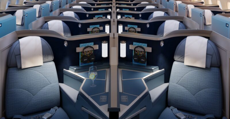 Front view of Philippine Airlines A350-1000 business class cabin