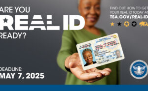 A woman is holding out her REAL ID. Various informational facts about the program are also on the image.