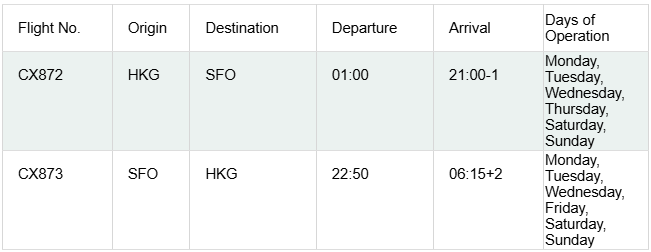 Cathay Pacific initial flight schedule chart.