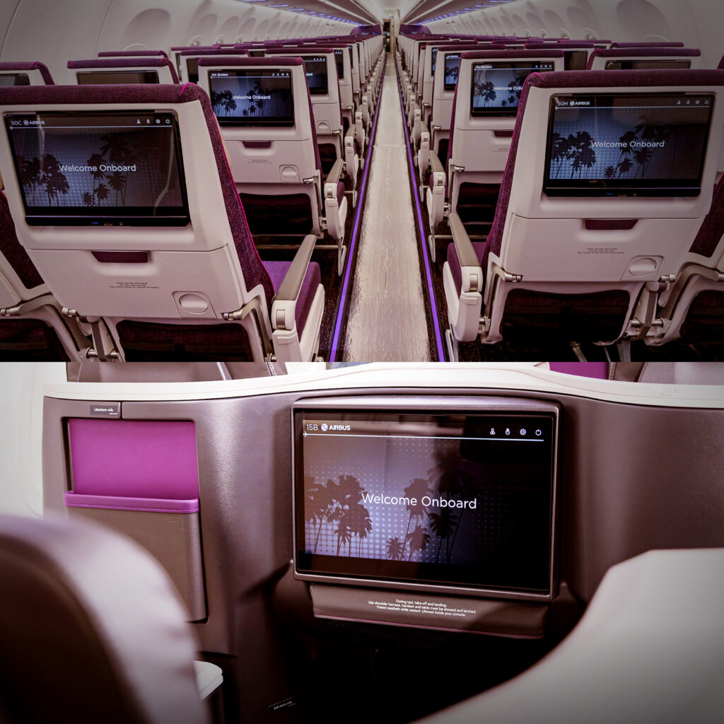 A close up of Safran Passenger Innovations’ RAVE Ultra 4K IFE on the new Thai Airways A321neo. 