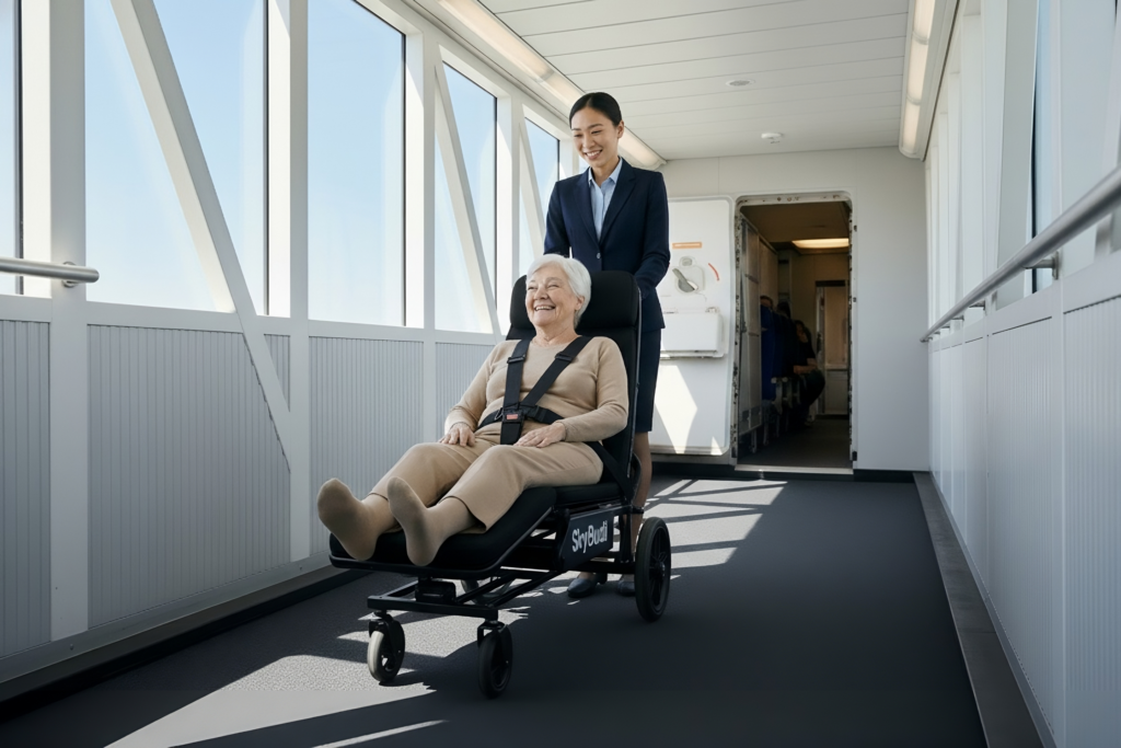 A passenger is being boarded with the lightweight reclining seat by SkyBudi.