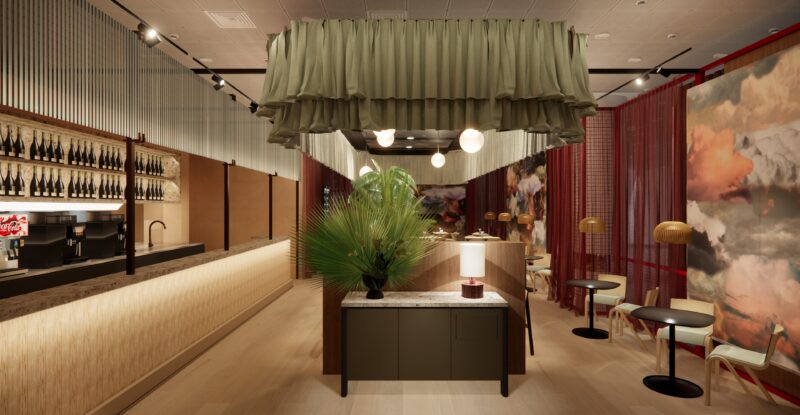 Brussels Airlines pop-up lounge is decorated with rich brown and beige along with accents of green throughout.