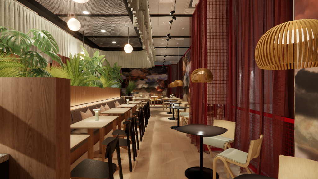 Brussels Airlines pop-up lounge interior is decorated with rich brown and beige along with accents of green throughout.