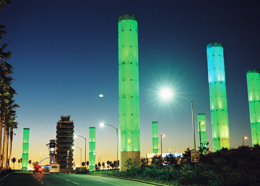 A close up of the giant pylons at LAX as the sun sets.