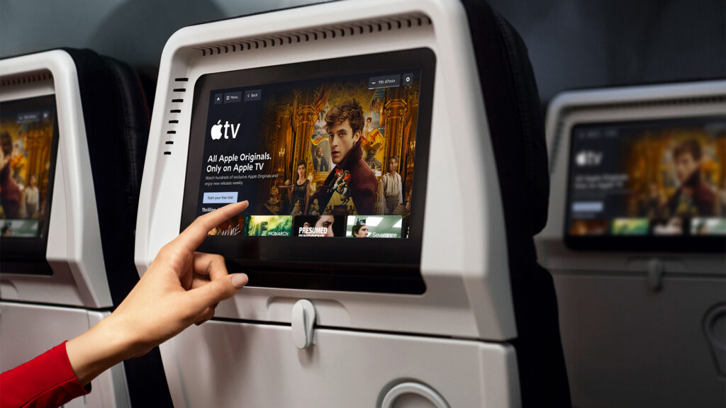 Apple TV is shown on the seatback IFE system on Air France.