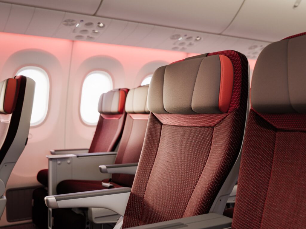 Close up of the maroon and red seats in PE