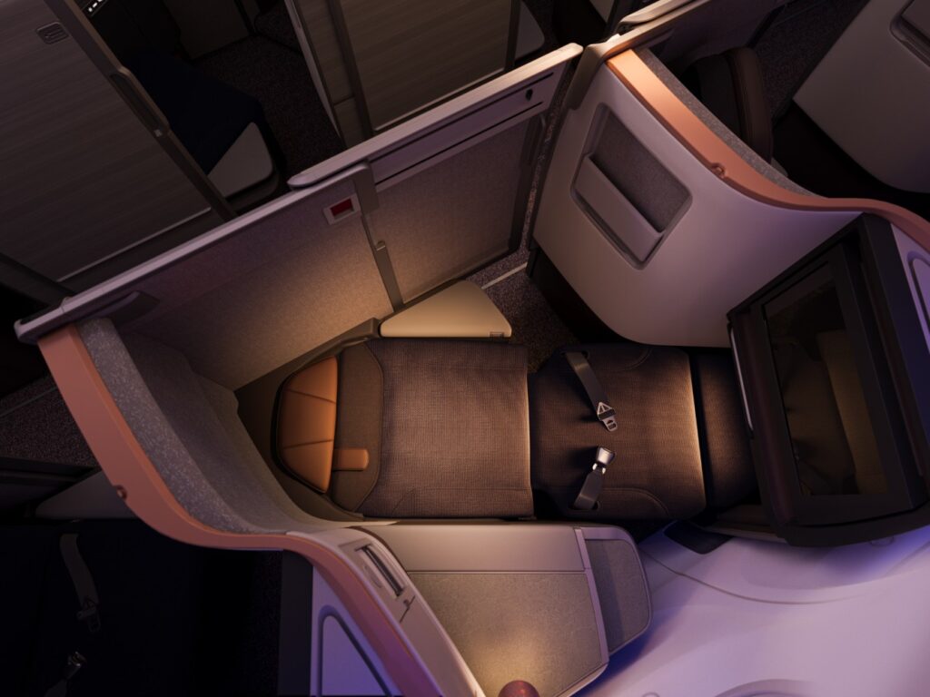 Overhead view of the business class seat in full-flat mode