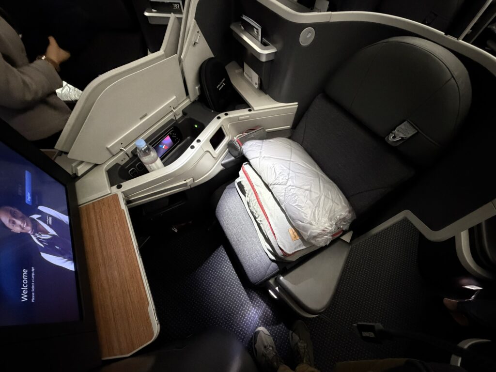 A view looking over top of American Airlines' Collins Aerospace Super Diamond seat, center pair