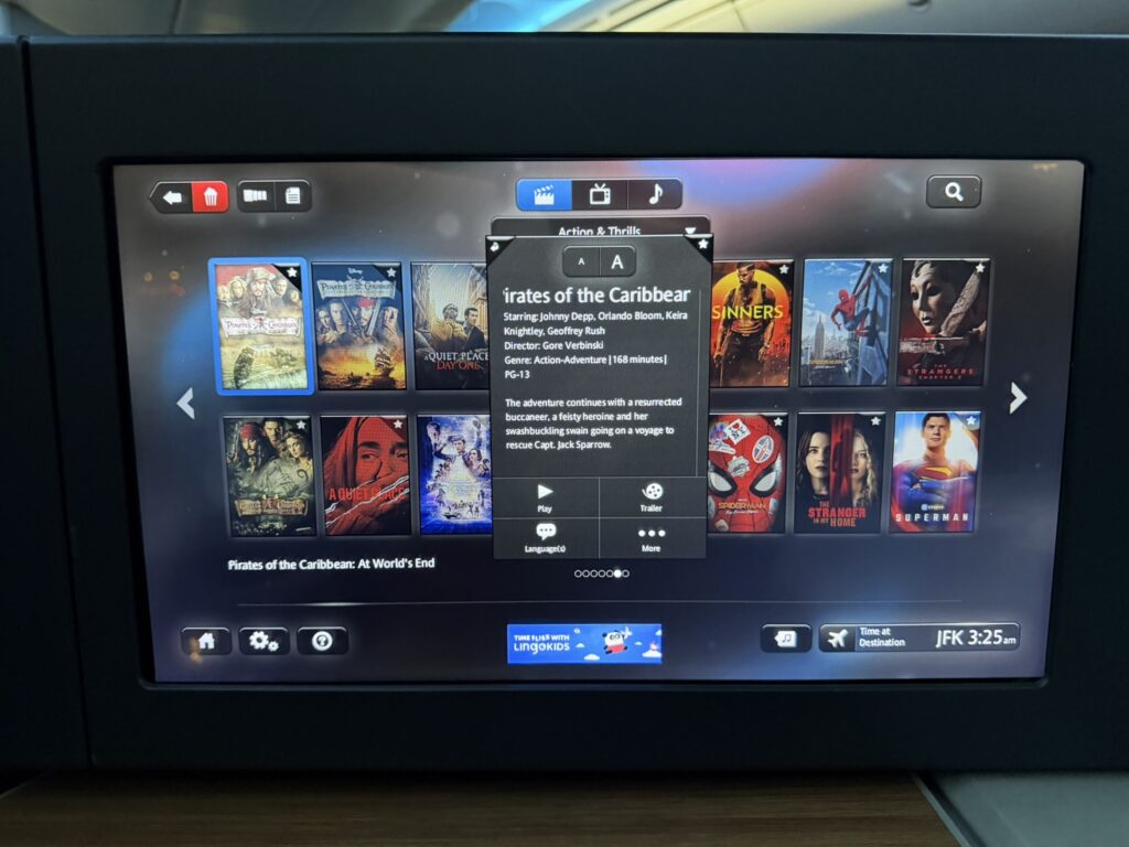 Various content options are displayed on AA's Panasonic Avionics IFE system.