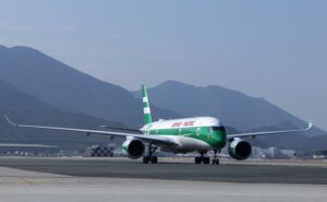 Cathay aircraft with the 80th anniversary livery taking off.
