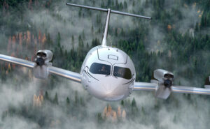 Rendering of the EVIO 810 in flight. This is a head on view of the aircraft.