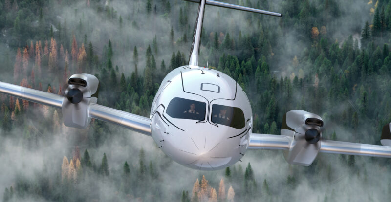 Rendering of the EVIO 810 in flight. This is a head on view of the aircraft.