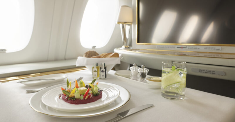 Emirates vegan meal displayed in first class.