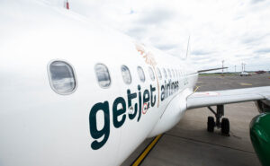 Looking down the side of a GetJet Airlines aircraft.