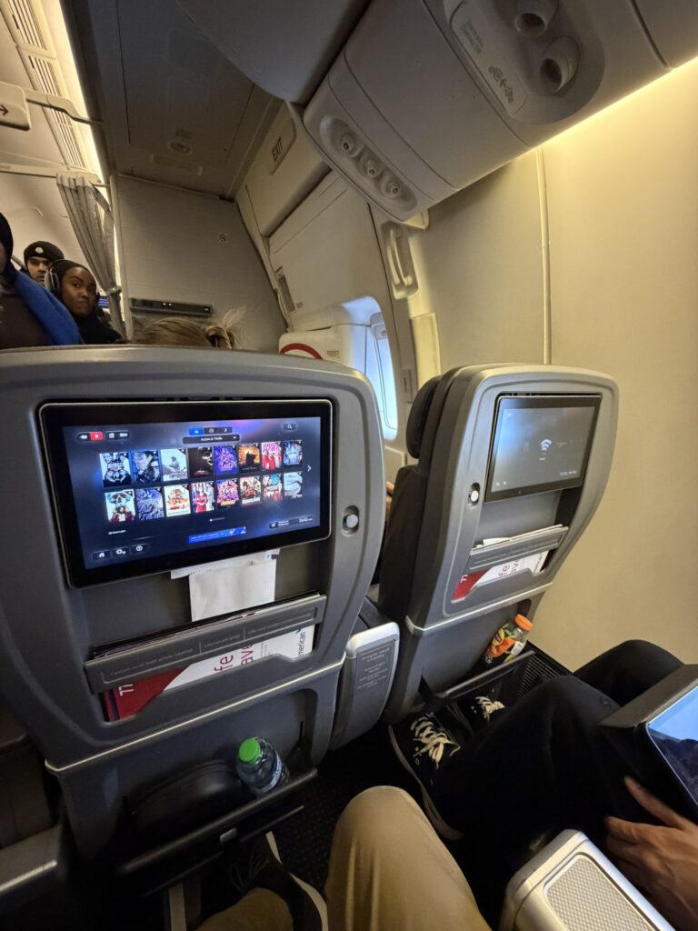 IFE content options are seen here on the seatback screen.