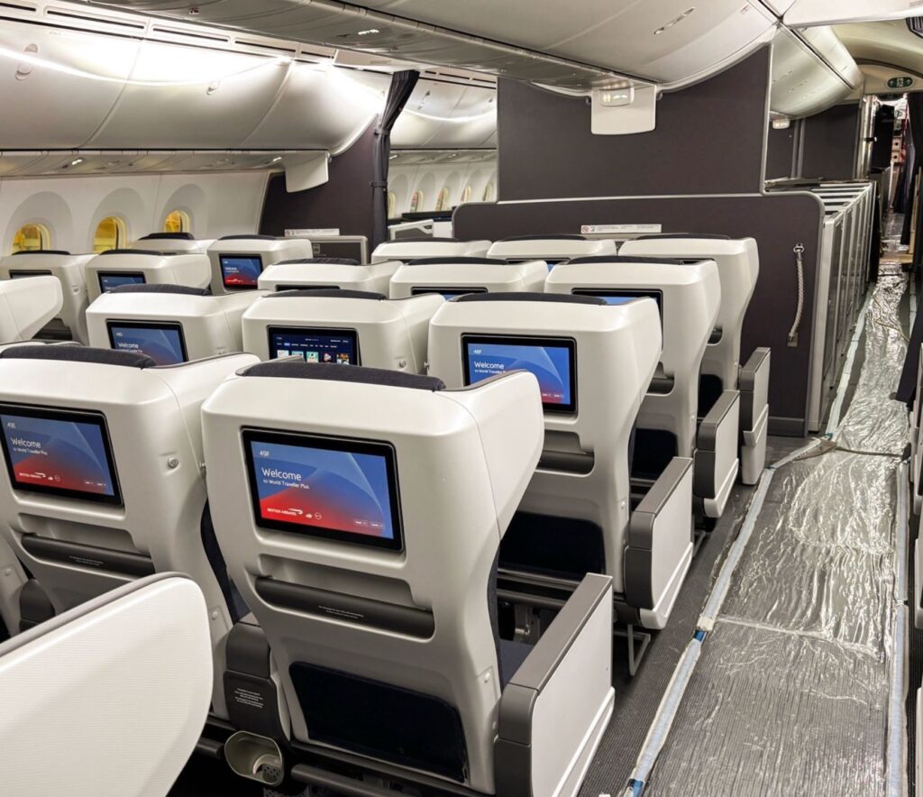 Winged privacy and other features included refreshed CFM have been added to PE seats on BA's 787-9. This image shows seatback screens and the wings around each headrest.