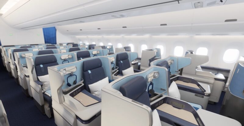 Rendering of the new 1-2-1 configured business class cabin for Edelweiss A350 twinjets